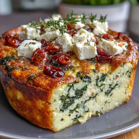 A golden frittata filled with spinach, feta, and tangy sun-dried tomatoes, baked to perfection for a hearty brunch.  