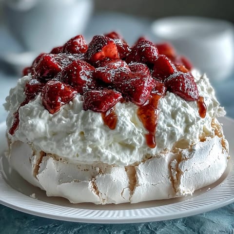 Beautiful strawberry pavlova with whipped cream, showcasing a crisp meringue shell topped with fresh strawberries and a dollop of airy vanilla cream.