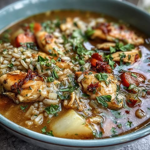 Hearty one-pot chicken and rice soup with tender chicken, vegetables, and fluffy rice in a savory broth.  