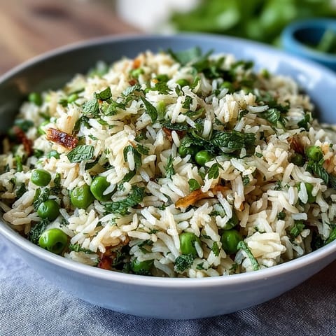 Creamy Spring Pea and Mint Rice Pilaf, featuring tender rice, sweet peas, and bright mint, served with lemon wedges for a fresh finish.  