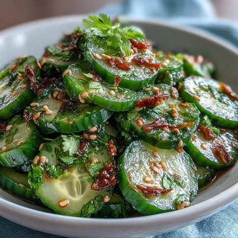Crisp Asian cucumber salad with sesame and rice vinegar, tossed with green onions and fresh cilantro for a tangy, refreshing side dish.