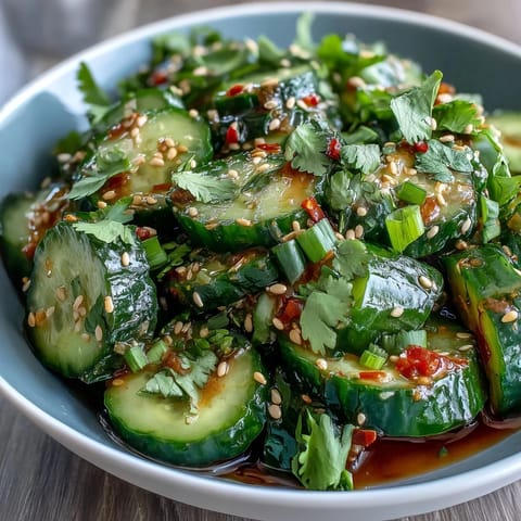 Thinly sliced cucumbers in a light sesame-rice vinegar dressing, topped with toasted sesame seeds and red pepper flakes for a crisp, vibrant appetizer.