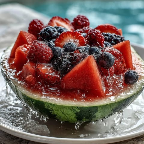 Vibrant watermelon carving board overflowing with fresh berries and mint, perfect for summer gatherings and party platters.