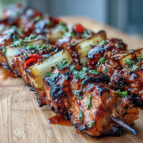 Grilled Pineapple Chicken Skewers with juicy chicken, sweet pineapple, and colorful veggies on a hot grill.