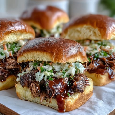 2. Tender brisket sliders topped with crisp coleslaw and rich BBQ sauce—perfect for party platters and game day spreads.  