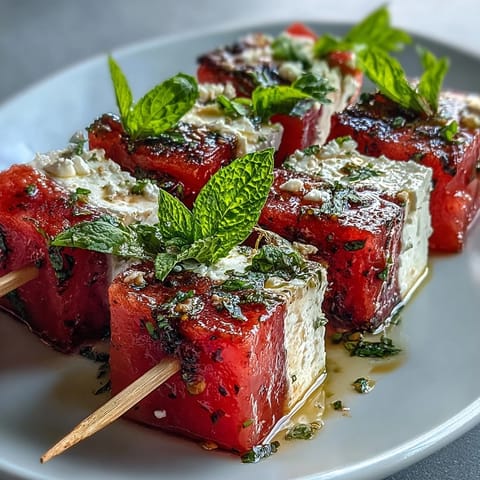 Fresh watermelon feta mint skewers drizzled with olive oil, perfect for summer parties and light appetizers.