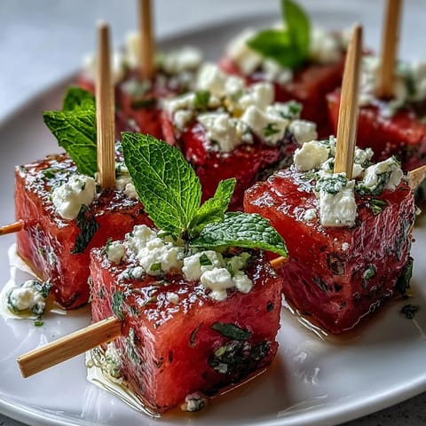 Vibrant skewers of watermelon, feta, and mint leaves, a refreshing no-cook Mediterranean snack for any gathering.