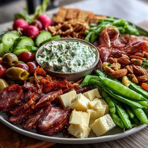 Spring charcuterie board with radishes, peas, and herb dip, featuring vibrant veggies and savory meats on a rustic wooden board.