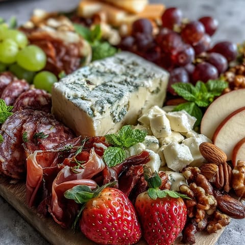 Spring charcuterie board with edible flowers and fruits arranged in a colorful, artful display on a rustic wooden platter.