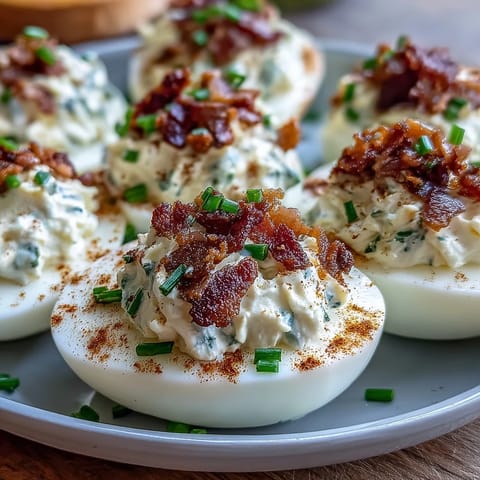 Creamy Bacon Ranch Deviled Eggs with crispy bacon and fresh chives, perfect for Easter brunch or a party appetizer.