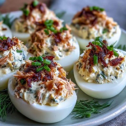 Creamy deviled eggs with smoked salmon and everything bagel seasoning for a savory, brunch-worthy appetizer.  
