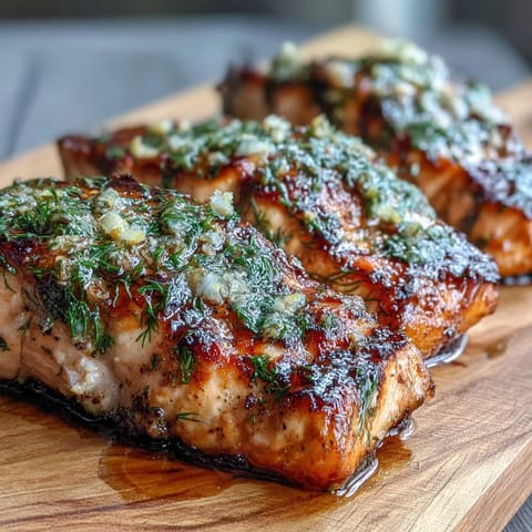 Cedar Plank Salmon with Garlic Dill recipe photo showing smoky grilled salmon on aromatic cedar, garnished with fresh dill and lemon slices.