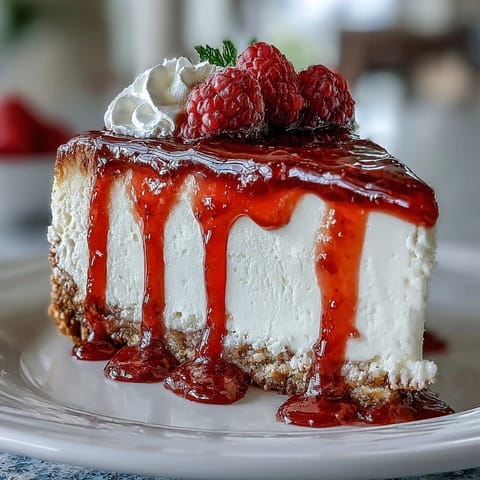 Decadent no-bake cheesecake with buttery biscuit crust, topped with vibrant raspberry coulis and fresh berries for Mother's Day.  