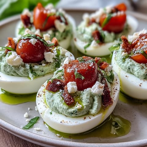 Caprese deviled eggs topped with basil oil, cherry tomatoes, and fresh mozzarella for a colorful appetizer.