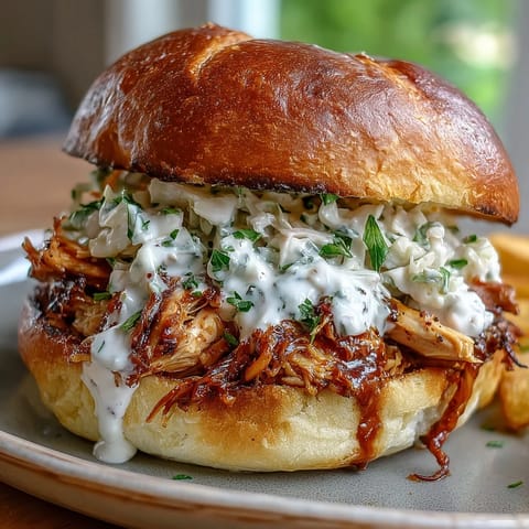 Smoked pulled chicken piled high on soft buns with tangy white BBQ sauce and crunchy coleslaw.  