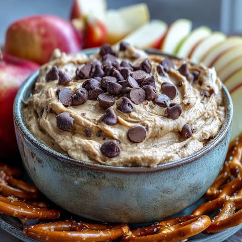 Creamy fiber-packed chickpea cookie dough dip served with fresh apple slices.