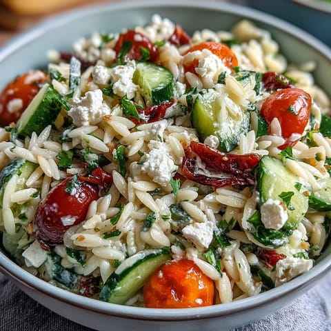 Fresh Summer Orzo Salad with Feta, bright lemon dressing, perfect for lunch.