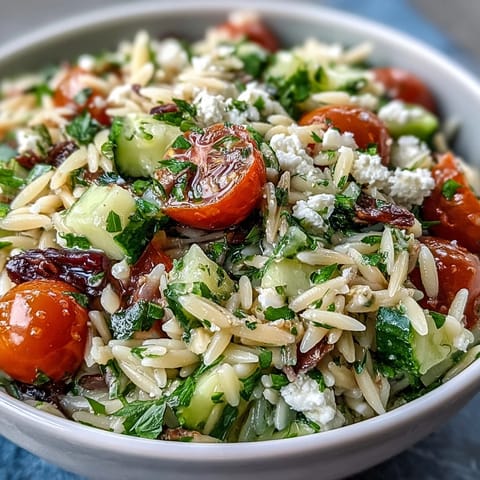 Vibrant Summer Orzo Salad with feta, bursting with Mediterranean flavors and crisp veggies.