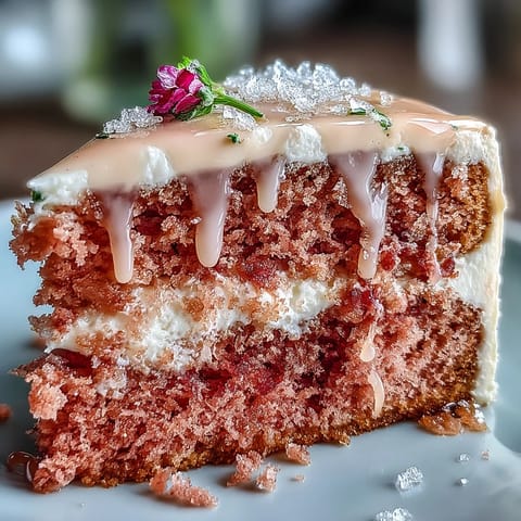 Elegant pink Bridal Shower Rosé Velvet Cake with shimmering gold drip.