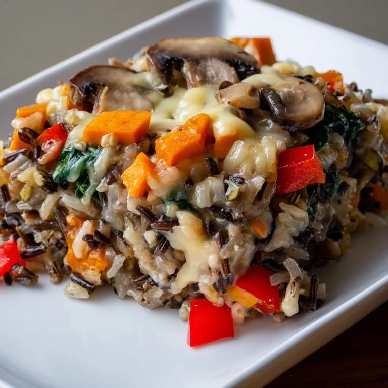 Golden and savory wild rice casserole with a medley of colorful vegetables, ready to serve and enjoy.