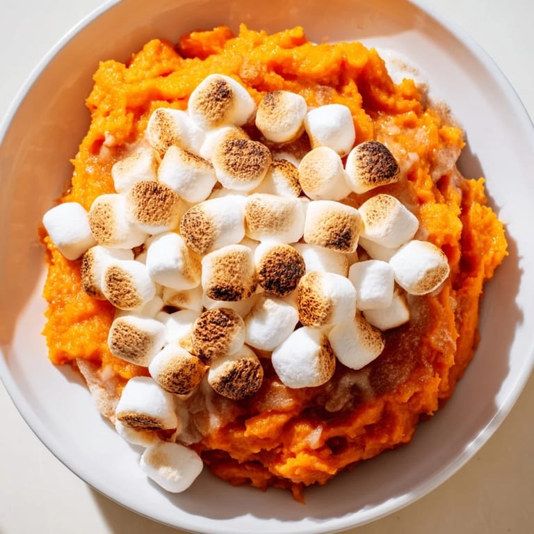 A close-up shot of a warm Sweet Potato Casserole with a glistening, golden marshmallow topping.