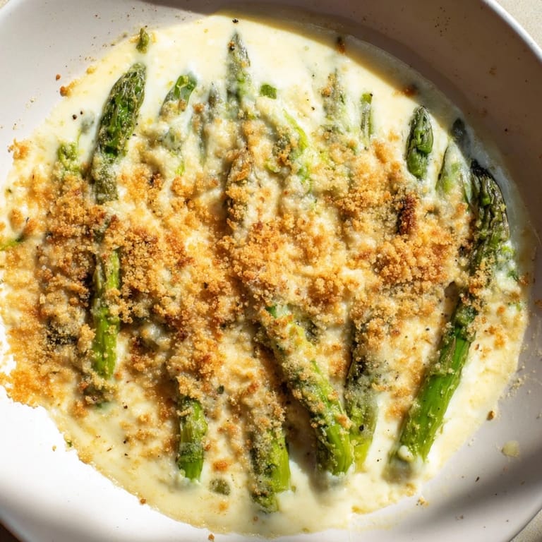 A close-up of baked asparagus casserole showcases tender green asparagus under melted cheese, ready to serve for dinner.
