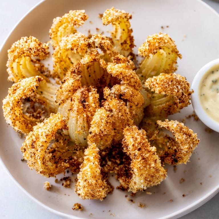 Imagine the amazing, crispy texture: A whole Blooming Onion fried, smelling delicious, served with dip.