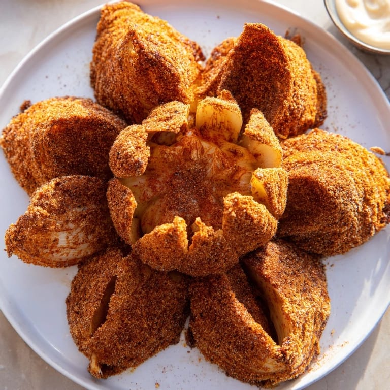 A photograph of a Blooming Onion appetizer, showing the crispy, opened petals with a creamy sauce.
