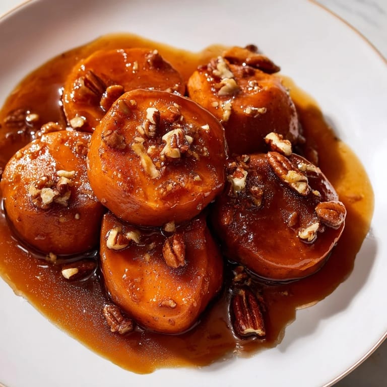 Baked candied yams in a bubbly, spiced brown sugar syrup, perfect for Thanksgiving dinner.