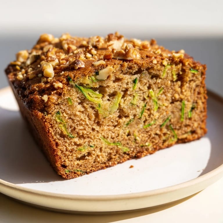 A moist slice of homemade zucchini bread, with cinnamon aroma, perfect for a cozy morning breakfast.