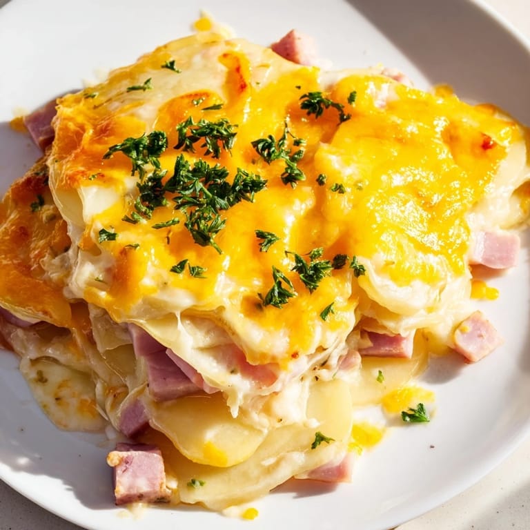 A close-up of a warm, cheesy Scalloped Potatoes with Ham dish, ready to be served for supper.