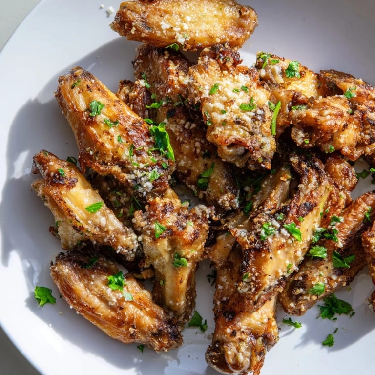 Close-up of perfectly cooked Garlic Parmesan Wings: juicy, seasoned and coated in cheese.