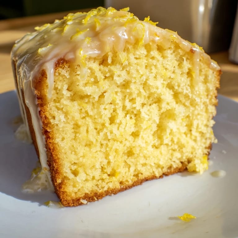 Sliced Lemon Pound Cake, showcasing a tender crumb and drizzled with a bright, tangy lemon glaze.