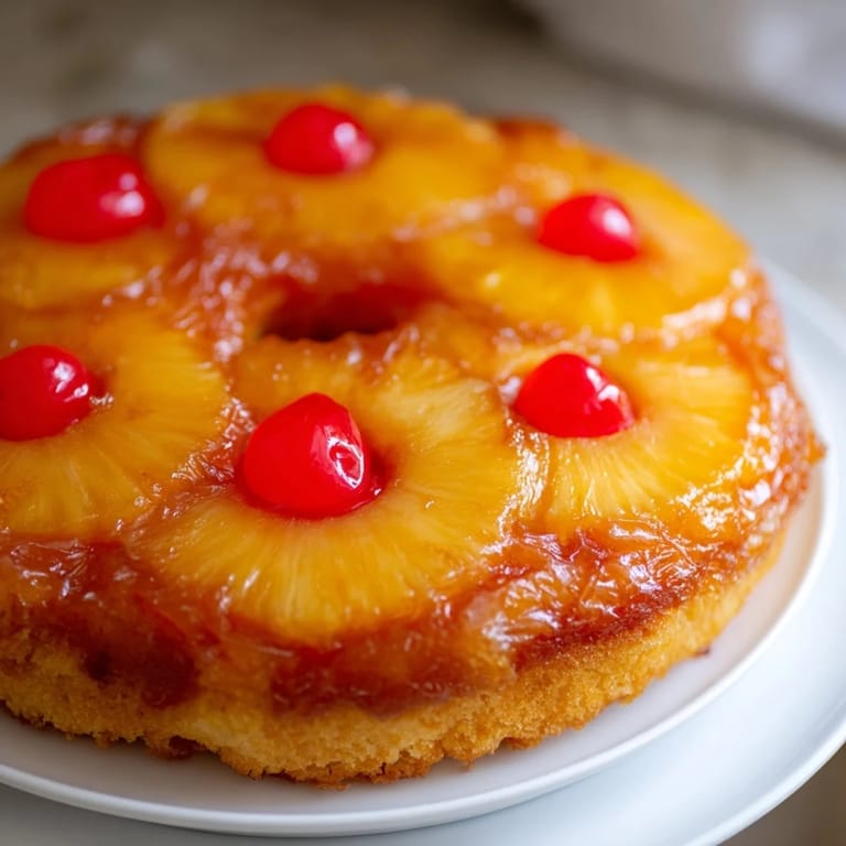 Warm, buttery Pineapple Upside-Down Cake, inverted and ready to serve with a scoop of vanilla ice cream.
