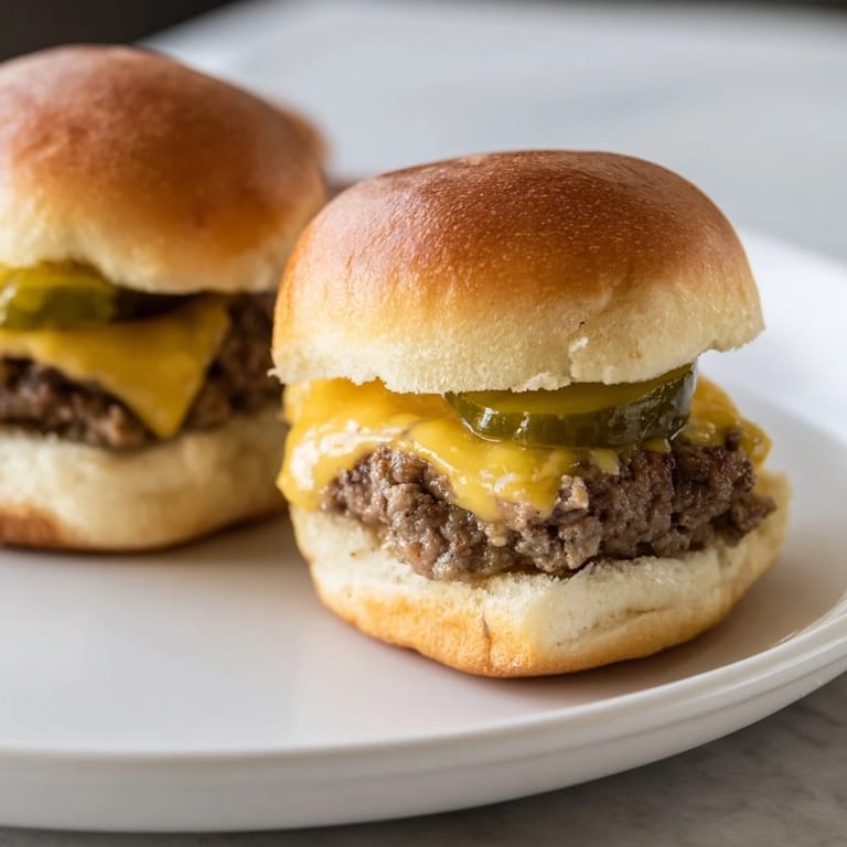 Close-up of golden brown Mini Hamburgers, stacked perfectly and ready for a satisfying, savory bite.