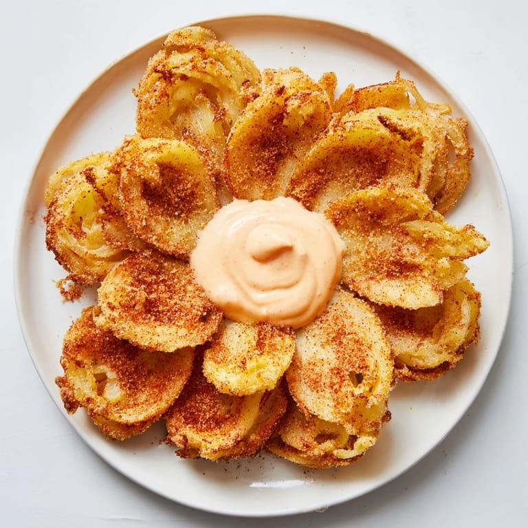 A close-up of blooming onion petals, with a velvety sauce beside, ready for a satisfying appetizer.