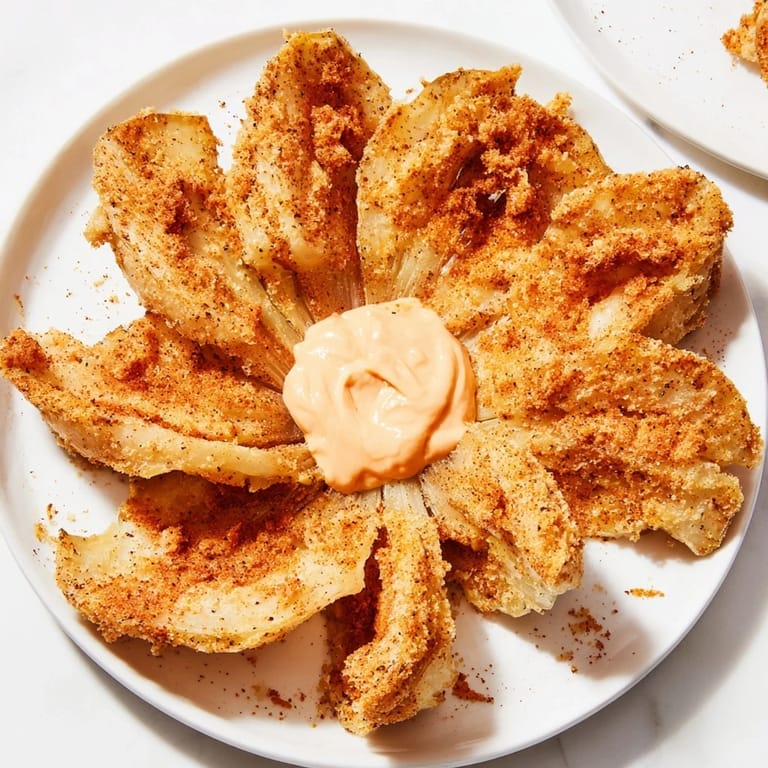 Delicious and shareable: crispy onion petals, served with a tangy, vibrant, spicy dipping sauce.