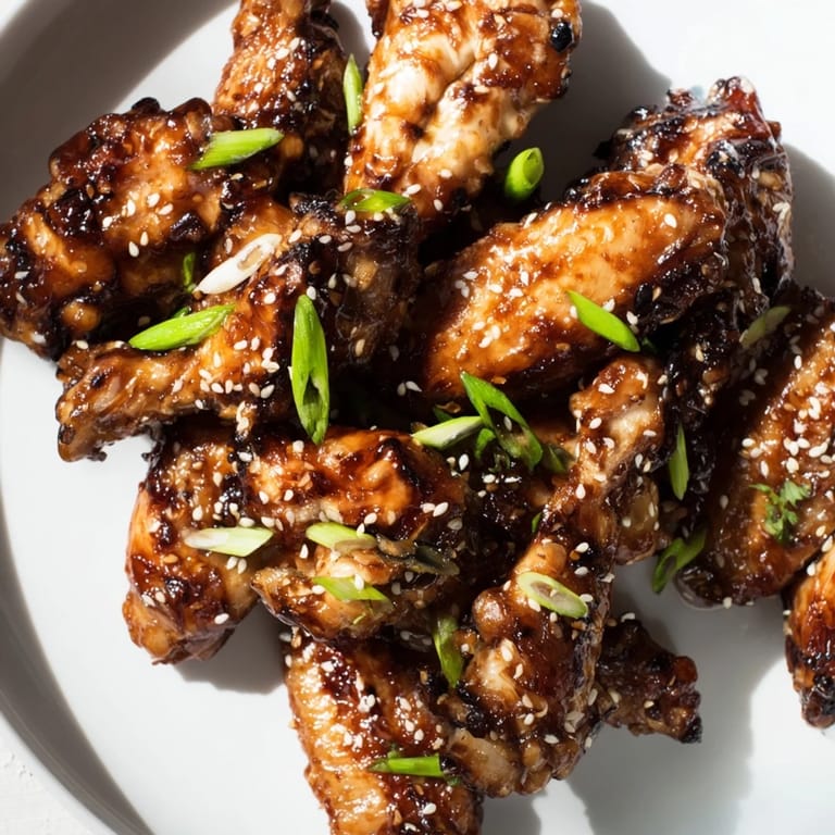 Freshly made and aromatic Asian Sticky Wings, a delicious appetizer with a beautiful glossy glaze.