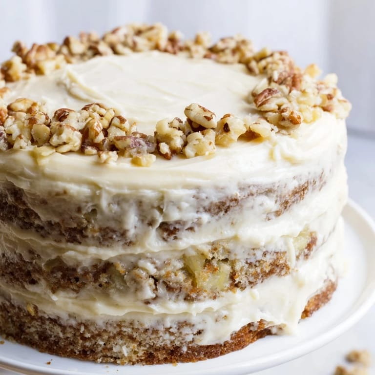 A slice of Hummingbird Cake, showing layers, creamy frosting, and toasted pecans for dessert.