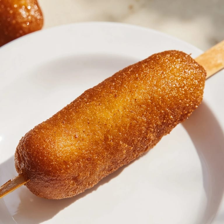 A close-up of a perfectly fried corn dog with a golden, textured batter on a stick, hot and ready.