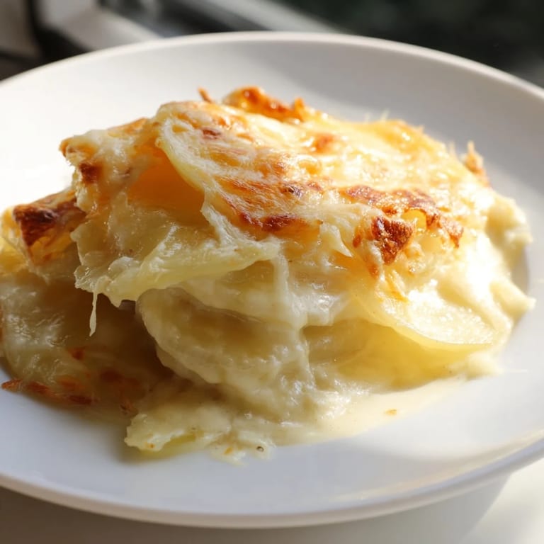 A close-up of cheesy, layered Au Gratin Potatoes, beautifully baked with a crispy, browned crust.