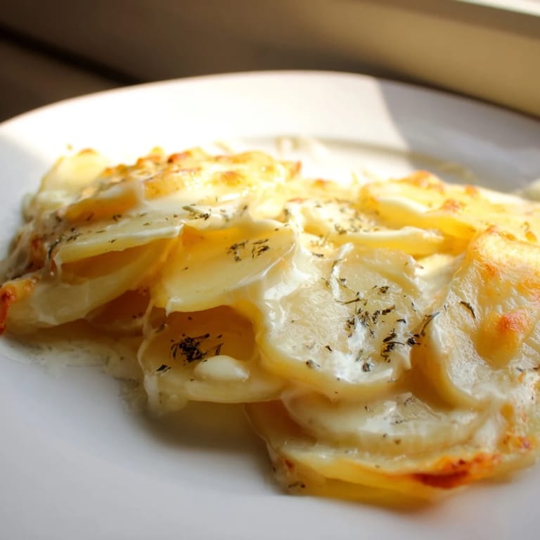 Warm and comforting: a serving of creamy Au Gratin Potatoes, ready to enjoy with a delicious aroma.