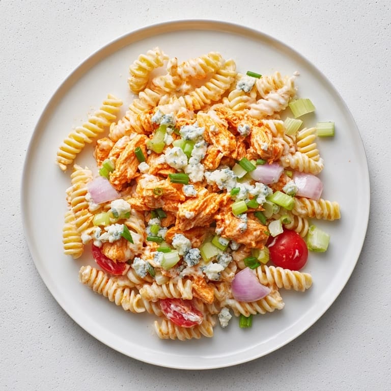 Zesty American buffalo chicken pasta salad with tender chicken, red onion, and fresh chives, served cold for potlucks.
