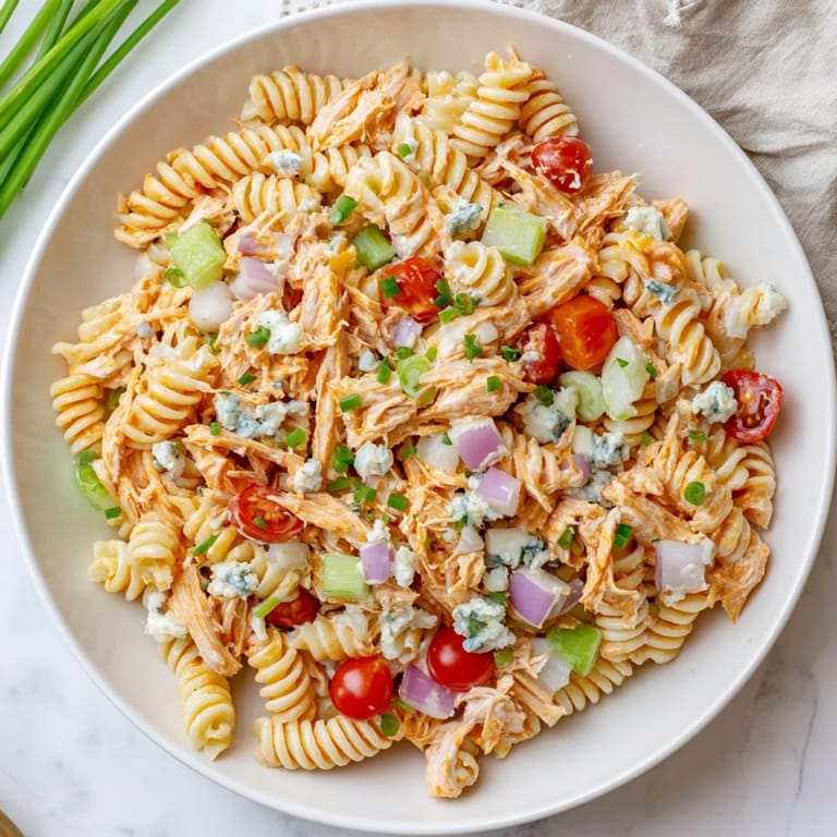 A chilled rotini pasta salad featuring shredded buffalo chicken, crisp veggies, and blue cheese crumbles, perfect for summer picnics.