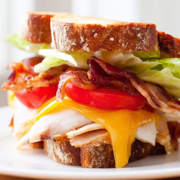 A close-up view of a buttery Turkey Club Grilled Cheese sandwich, cut diagonally to reveal layers of turkey, bacon, and fresh vegetables inside.  