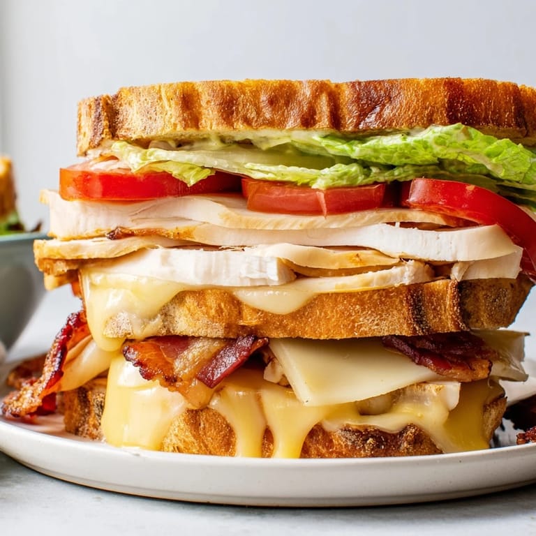The sizzling Turkey Club Grilled Cheese features melted Swiss cheese, crispy bacon, and fresh lettuce on toasted sourdough, served with a side of pickles.
