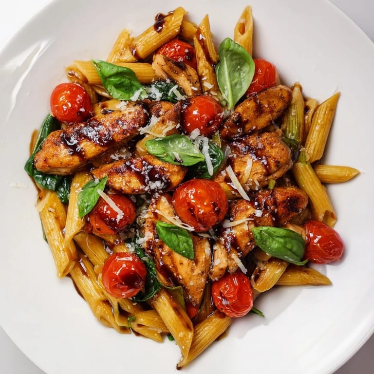 Savory balsamic glazed chicken pasta plated with fresh basil and grated Parmesan, perfect for a quick and elegant Italian-inspired meal.