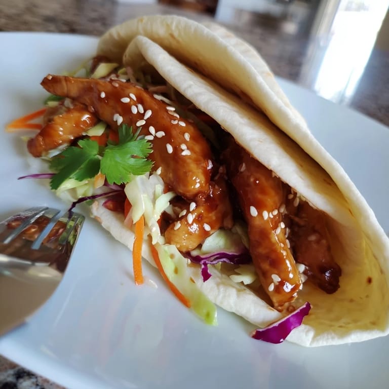 Savory Teriyaki Chicken Wrap, filled with tender chicken, shredded cabbage, carrots, and fresh herbs, ready to eat.