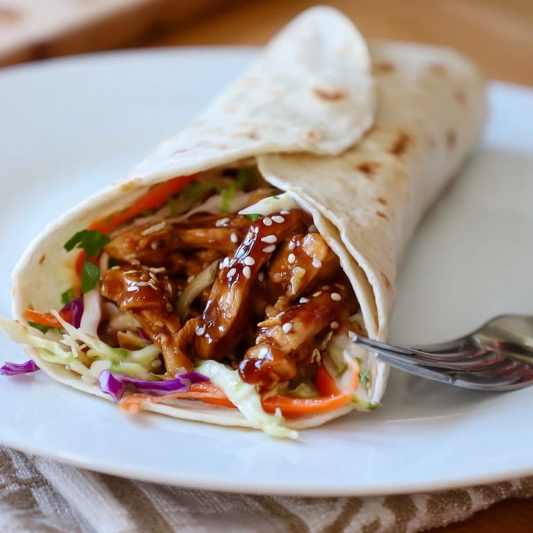 Two halves of a Teriyaki Chicken Wrap on a plate, revealing layers of colorful vegetables and sesame seeds.