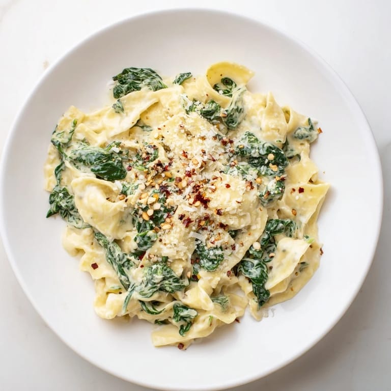 A steaming skillet of Creamy Spinach Garlic Noodles is served garnished with extra Parmesan cheese and a sprinkle of red pepper flakes, ready for a comforting vegetarian dinner.